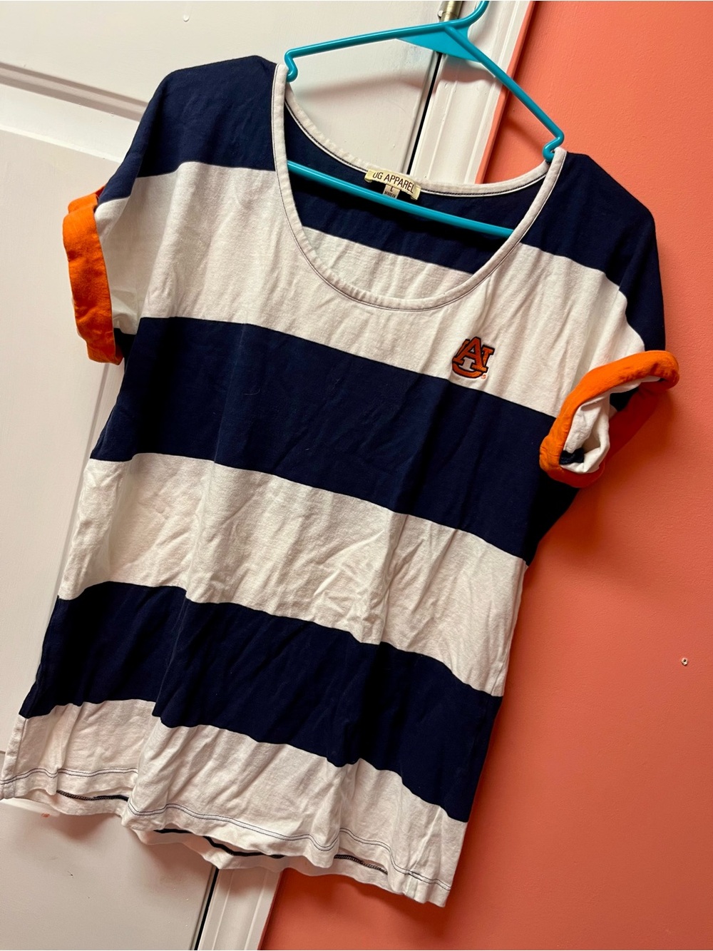 AU Apparel Navy & White Striped Short Sleeve Tee with Orange Trim